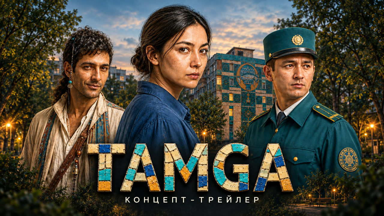 Три героя TAMGA и мозаичный фасад в вечернем Ташкенте